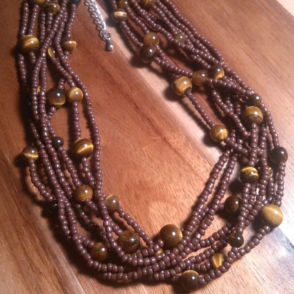 Tiger's Eye and Brown Seed Bead Silvertone Necklace